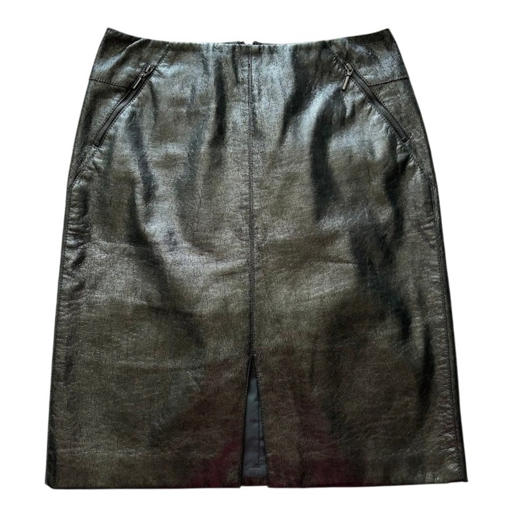 Worth New York Black Metallic Faux Leather Pencil Skirt Front Slit Size 4‎